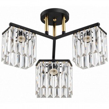 Lustră de tavan N7038/3 BK+FGD cu 3 becuri, neagră cu auriu, cu pandantive decorative transparente