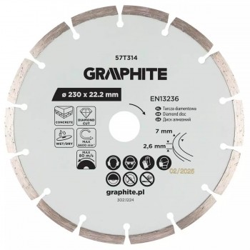 Disc diamantat segmentat GRAPHITE 57T314 230x22,2 mm pentru beton, cărămidă și piatră, tăiere uscată și umedă