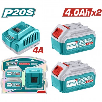 Набор аккумуляторов и зарядное устройство Total Tools TFBCPK1424, 20 В, 4 Ач, 2 аккумулятора Li-Ion