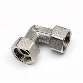 Cot cu piulițe 1/2" filet intern x 1/2" filet intern, din alamă nichelată, 90 de grade, pentru apă și încălzire