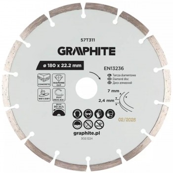 Disc diamantat segmentat GRAPHITE 57T311 180x22,2 mm pentru beton, cărămidă și piatră, tăiere uscată și umedă