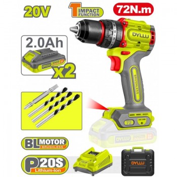 Mașină de găurit și înșurubat cu percuție DYLLU DTCDP7281, fără perii, 20V, 72 Nm, mandrină 13 mm, 2 acumulatori 2.0 Ah + încărcător