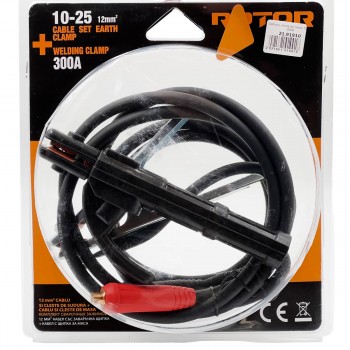 Set cabluri de sudură Rotor, 12 mm2, 300 A, conectori 10-25, cu clește portelectrod și clemă de masă