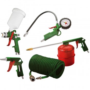 Set 5 instrumente pneumatice pentru compresor ZARUBA ZB51076: pistol de vopsit, suflat, spălat, umflat anvelope, furtun spiralat