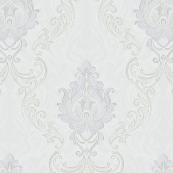 Tapet vinilic pe bază de flizelină SINTRA Anabelle alb cu ornament damasc gri deschis, presare la cald, 1,06 x 10,05 m (Art. 520437)