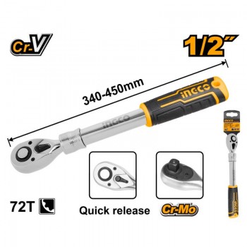 Трещотка телескопическая INGCO HRTH08128L 1/2", длина 320–450 мм, 72 зубца, материал CrV+CrMo