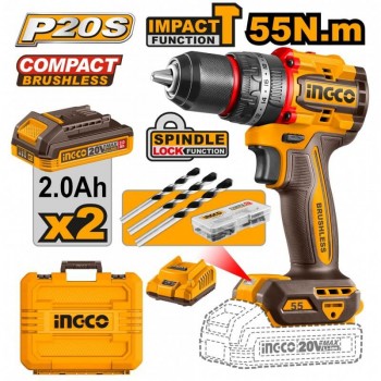 Mașină de înșurubat cu percuție pe acumulator INGCO CIDLI20558 (2×2,0 Ah, 20V, 55 Nm) cu motor fără perii și set de accesorii