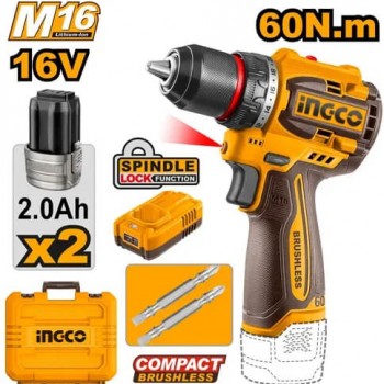 Аккумуляторная дрель-шуруповерт INGCO CDLI16606 бесщеточная, 16 В, 60 Нм, 2х2.0 Ач, патрон 13 мм, кейс