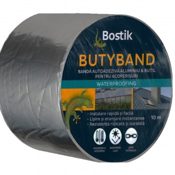Bandă butilică autoadezivă de etanșare Bostik BUTYBAND 100 mm x 10 m, grosime 0,8 mm, grafit