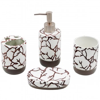 Set de accesorii pentru baie AT0193-1, din ceramică, 4 piese: dozator pentru săpun lichid, săpunieră, pahar și suport pentru periuțe de dinți