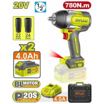 Mașină de înșurubat cu impact cu acumulator DYLLU DTCD1B785 20 V, 780 Nm, 1/2", motor fără perii, 2 acumulatori 4 Ah, valiză