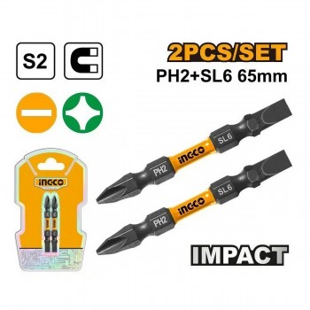 Set de biți de impact cu două capete INGCO SDBIM72HL665, PH2/SL6, 65 mm, 2 buc.