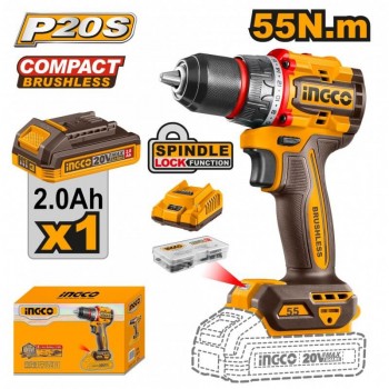 Аккумуляторный бесщеточный шуруповёрт INGCO CDLI205582 20 В, 1х2 Ач, Li-ion, 55 Нм