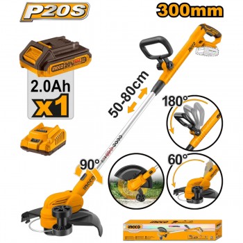 Trimer cu acumulator pentru iarbă și gazon INGCO CGTLI203285, 20 V, 2 Ah, 300 mm, 8200 rot/min, cu baterie și încărcător