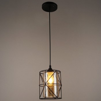 Lampă suspendată N3747/1H BK, 1 x E27, negru, cu abajur din sticlă chihlimbar și grilaj metalic, 140 x 140 x 800 mm