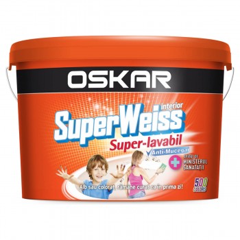 Vopsea emulsie acrilică Oskar Super Weiss Satin lavabilă bază albă 8.5 l