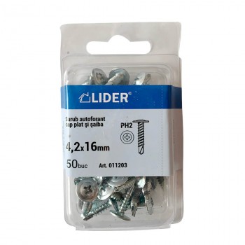 Șurub cu cap plat și șaibă Lider 4.2x16 mm cu burghiu zincat 50 bucăți (Art. 011203)