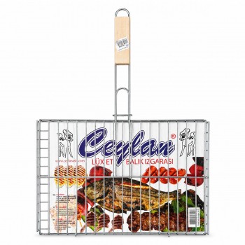 Plasă pentru grătar 25x37 cm cu mâner din lemn pentru carne și pește