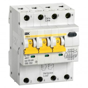 Întrerupător automat diferențial IEK AVDT34 C10, 4P, 10 A, 30 mA, tip A, 400 V, 6 kA
