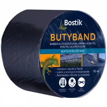 Bandă butilică autoadezivă de etanșare Bostik BUTYBAND 100 mm x 10 m, grosime 0,8 mm, antracit