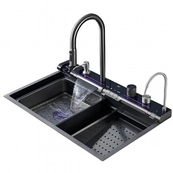 Chiuvetă multifuncțională de bucătărie Zerix ZH546-SET-05 Decor Nano-Black 750x460 mm, cu baterie integrată, inox, negru