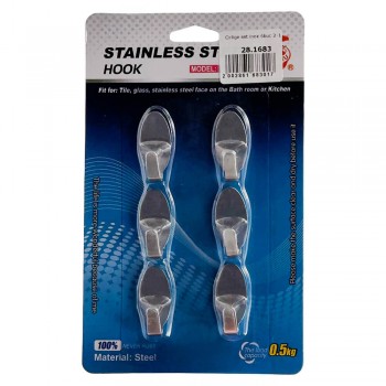 Набор самоклеящихся крючков из нержавеющей стали 6 шт для ванной и кухни, до 0,5 кг (арт. 2-108)