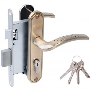 Замок врезной с ручками Зенит ЗВ4-У-27, узкий, античная бронза, евроцилиндр, 55 мм, backset 45 мм, без цилиндра