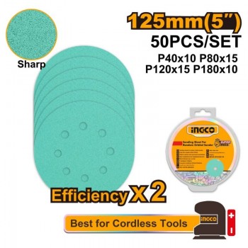 Discuri abrazive INGCO 125 mm pentru șlefuitor orbital, set 50 buc P40 P80 P120 P180, AKRS125050