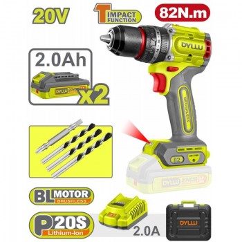 Дрель-шуруповерт аккумуляторная ударная DYLLU 20 В, 82 Нм, бесщеточная, патрон 13 мм, 2 аккумулятора 2.0 Ач, кейс DTCDP8285