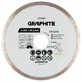 Disc diamantat continuu GRAPHITE 57T302 180x22.2 mm pentru plăci ceramice și gresie porțelanată, tăiere pe umed