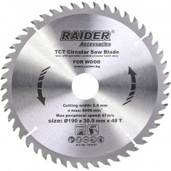 Disc circular pentru lemn Raider 190x30 mm, 48 dinți, pentru MDF (art. 163147)