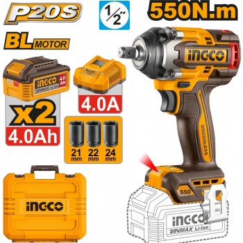 Аккумуляторный ударный гайковерт INGCO CIWLI2055, бесщеточный, 20 В, 550 Нм, 2 АКБ по 4 Ач