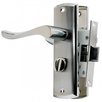 Mânere pentru ușă pe placă, cu clanță și blocare WC MDF 15BK 009WC SN/CP