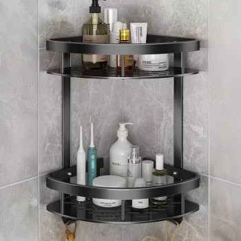 Полка для ванной угловая двухъярусная из нержавеющей стали, черная, настенная 40272B