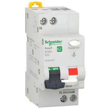 Дифавтомат Schneider Electric Easy 9 1P+N, C, 25 А, 30 мА, тип AC, 4.5 кА, DIN-рейка EZ9D32625