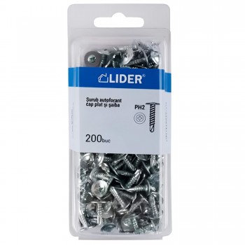 Șurub cu cap plat și șaibă Lider 4.2 x 25 mm cu burghiu zincat 200 bucăți (Art. 011105)
