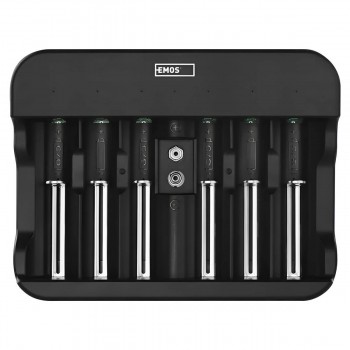 Încărcător universal EMOS N9361, 10 W USB-C, 6 sloturi pentru baterii AAA, AA, C, D, 9 V cu indicator de încărcare