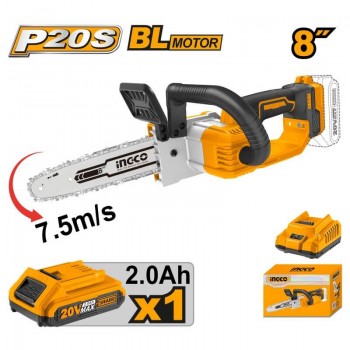 Ferăstrău cu lanț pe acumulator INGCO CGSLI20851 20 V, mini, lamă 8" (20 cm), motor fără perii, cu acumulator 2,0 Ah și încărcător, 7,5 m/s