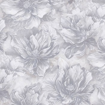 Tapet vinil pe suport de hârtie BELVINIL Naomi 0472-21, gri, cu model floral, 0,53 x 10,05 m