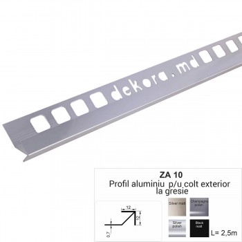 Profil din aluminiu pentru gresie ZB10 Dekora 10 mm, 2.5 m, colț extern, Silver Matt