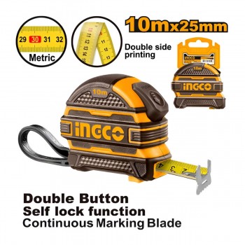 Ruletă de construcție INGCO 10 m, 25 mm, blocare automată, scală metrică HSMT081025-1