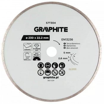 Disc diamantat continuu GRAPHITE 57T304 230x22.2 mm pentru plăci ceramice și gresie porțelanată, tăiere pe umed