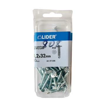 Șurub cu cap plat și șaibă Lider 4.2x32 mm cu burghiu zincat 50 bucăți (Art. 011206)
