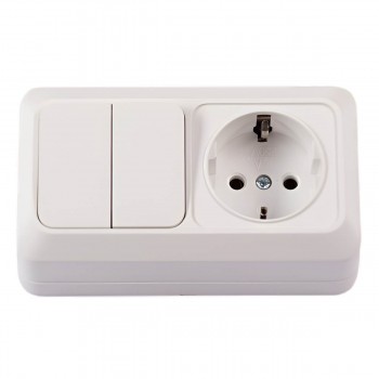 Выключатель с розеткой накладной двухклавишный с заземлением 1000kW VENUS 16 А, 250 В, IP20, белый