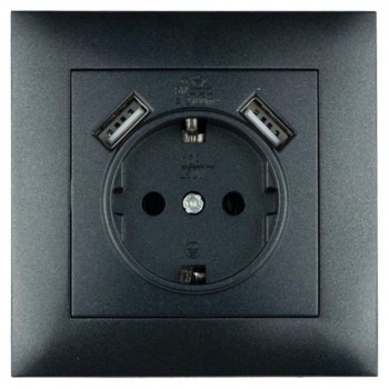 Розетка с заземлением + 2 USB A Elmos Rosa 16 А, IP20, 220-240 В, графит