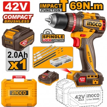 Mașină de găurit și înșurubat cu acumulator INGCO CIDLI426981, cu percuție, motor fără perii, 42 V, 69 Nm, 1 acumulator de 2 Ah, mandrină 13 mm, 47 accesorii, în valiză