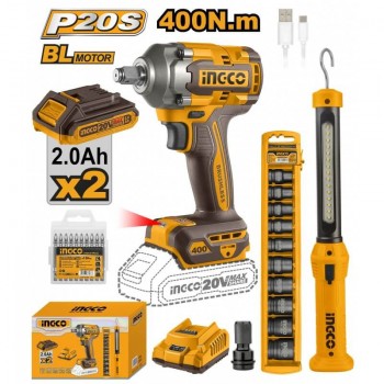Шуруповерт аккумуляторный 20 В, 2 х 2 Ач + фонарь + набор головок INGCO COSLI230