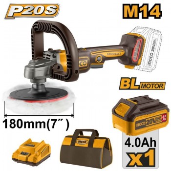 Mașină de lustruit pe acumulator INGCO APLI20181 20V, 180 mm, fără perii, 400-2500 rot/min, M14, set 4.0 Ah + încărcător