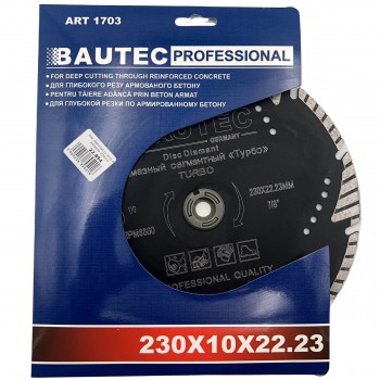 Disc diamantat segmentat Turbo pentru tăierea adâncă în beton armat BAUTEC 230x10x22.3 mm (Art. 1703)