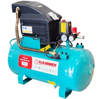 Компрессор воздушный масляный Hammer MPN-HP18-50, 50 л, 1800 Вт, 8 бар, 206 л/мин, с набором аксессуаров